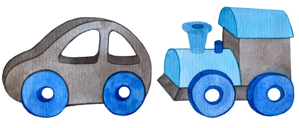 Zestaw drewnianych zabawek dla dzieci. samochód i pociąg — Zdjęcie stockowe