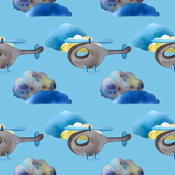 Seamless watercolor pattern. helicopter and clouds. — Stock Photo, Image