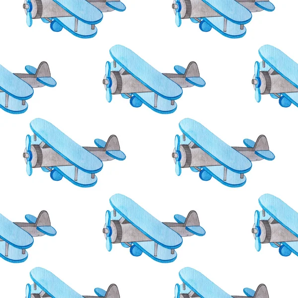 Seamless watercolor a plane pattern for a boy. — Stock Photo, Image