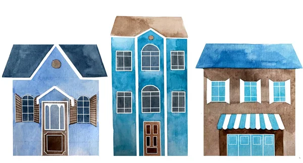 Conjunto de edifícios aquarela casa residência . Imagens Royalty-Free