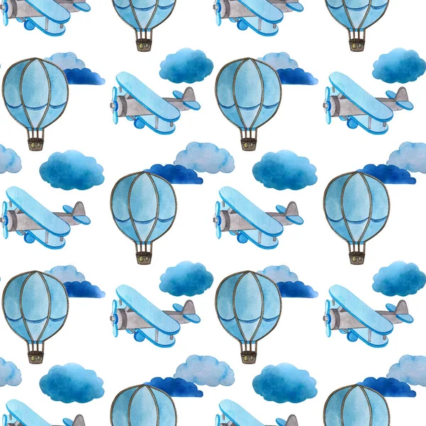 Watercolor pattern.clouds, plane, balloon. — Stock Photo, Image