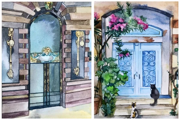 Aquarela ilustração set.sketch da porta . Imagens Royalty-Free