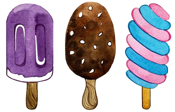 Ice cream set. watercolor. Popsicle on a stick. — Zdjęcie stockowe