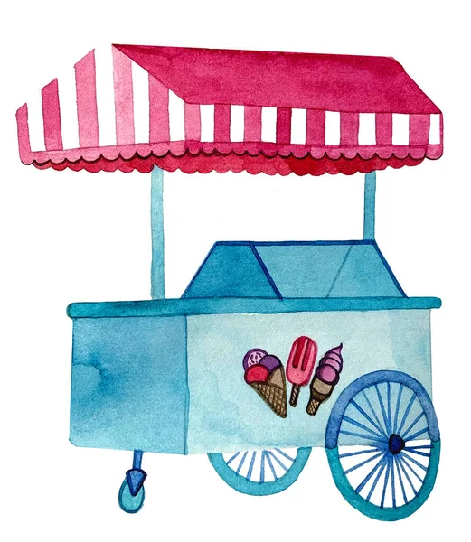 Akvarel zmrzlina vozík nebo zmrzlina shop. — Stock fotografie