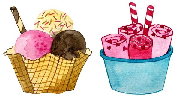 Ice cream set. watercolor. balls in a wafer or paper Cup. — Zdjęcie stockowe