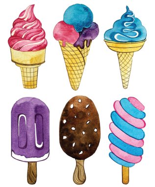 set of watercolor illustrations. ice cream dessert.