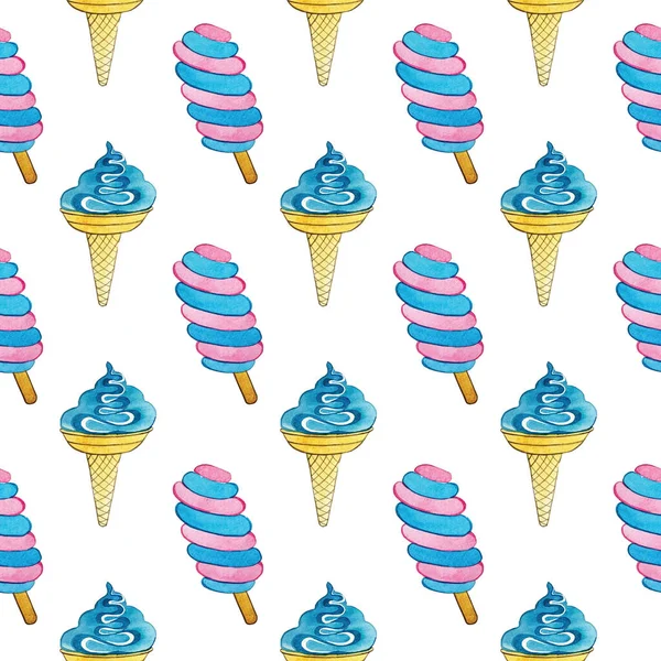 Seamless watercolor pattern. ice cream dessert. — Zdjęcie stockowe