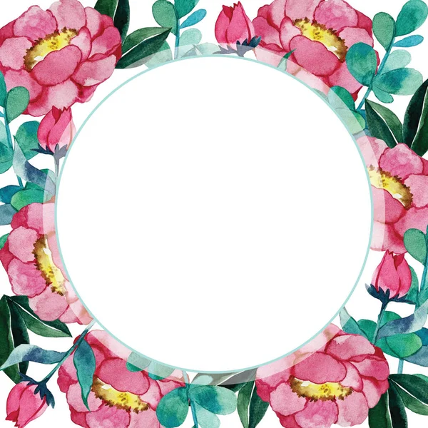 watercolor illustration. round peony frame.