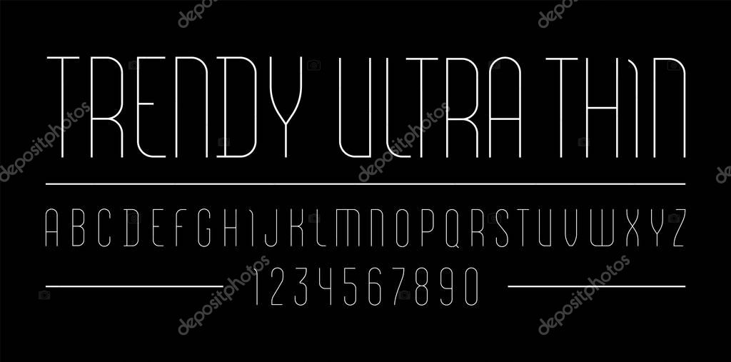 Font from ultra thin line, modern condensed black letters and numbers