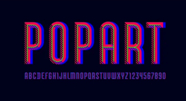 Fonte pop art, alphabet rayé tendance sans serif, lettres condensées modernes et chiffres avec ligne verte — Image vectorielle