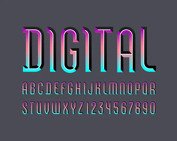 Alfabeto digital de color brillante, fuente sans serif, letras y números de colores futuristas, ilustración vectorial para su diseño — Vector de stock
