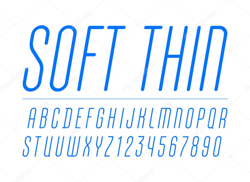 thin italic font, condensed alphabet, blue letters and numbers