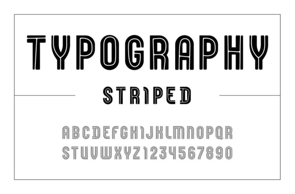 Hoog lettertype, gestreept vet alfabet sans serif, zwarte letters en cijfers — Stockvector