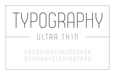 High font, condensed thin alphabet sans serif, letters and numbers