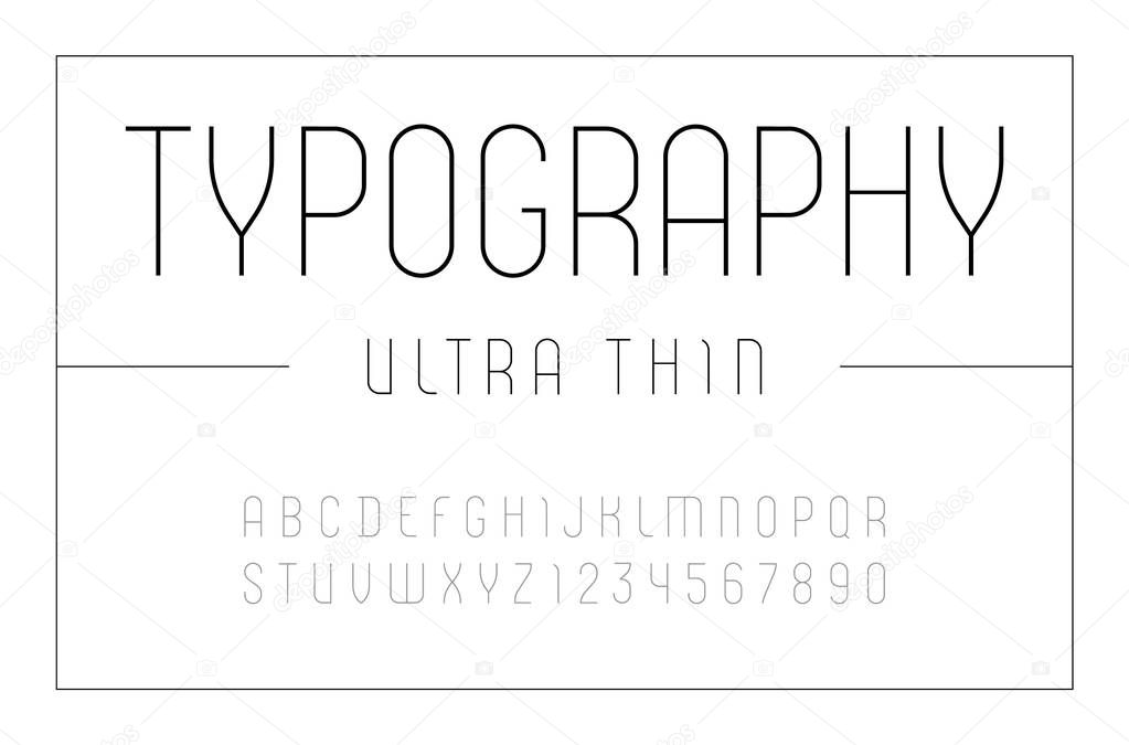 High font, condensed ultra thin alphabet sans serif, black letters and numbers
