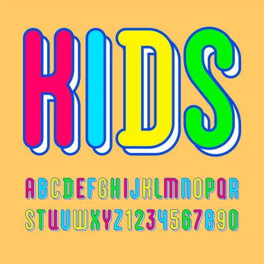 Childish playful font, alphabet in the cartoon style, letters and numbers