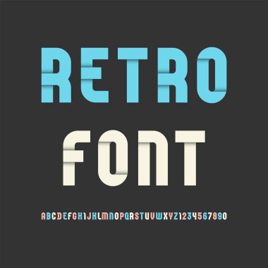 Retro color font, bold stylized alphabet with shadow, letters and numbers, vector illustration