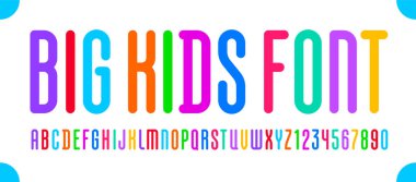 Çocuklar şakacı yazı tipi, çizgi film tarzında alfabe, çok renkli parlak yuvarlak harfler ve sayılar