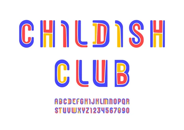 Kinderachtig lettertype, modern gestreept alfabet, trendy afgeronde letters en cijfers, vectorillustratie — Stockvector