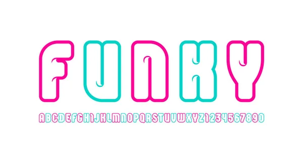 Funky bright font, alphabet in the cartoon style, multicolored bright rounded letters and numbers — 스톡 벡터