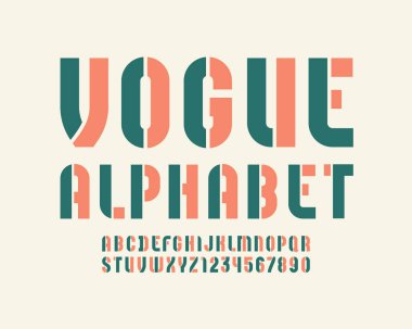 Vogue renkli yazı tipi, yoğunlaştırılmış kalın şablon alfabesi, modern harf ve sayılar