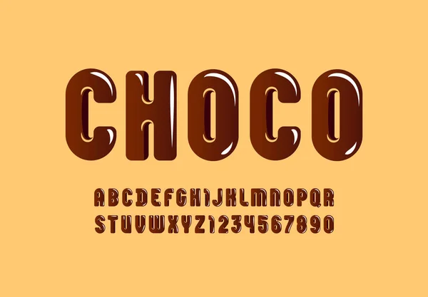 Police brillante chocolat, alphabet marron dans le style dessin animé, lettres arrondies — Image vectorielle