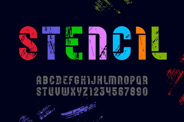 Fonte colorée au pochoir, alphabet lumineux gras condensé, lettres et chiffres — Image vectorielle