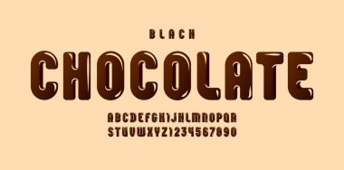 Chocolate glossy font, brown alphabet in the cartoon style, tasty rounded letters and numbers