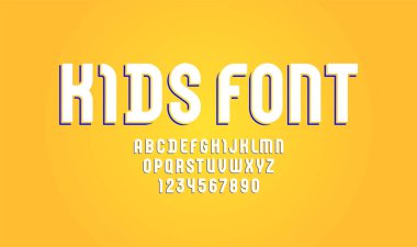 Çocuk yazıtipi, modern moda alfabesi, beyaz harfler ve sayılar, vektör illüstrasyonu