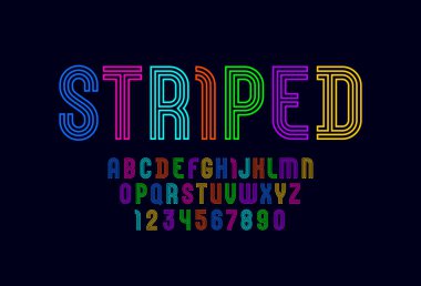 Renkli yazı tipi, parlak satır alfabesi, A 'dan Z' ye büyük harfler ve sizin için 0 'dan 9' a rakamlar: logo, tişört, poster, tebrik kartları, moda afişi, vektör ilüstrasyonu 10eps
