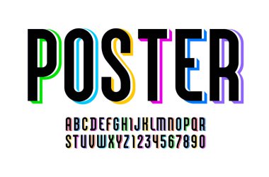 Moda siyah yazı tipi, çok renkli gölgeli modern alfabe, sizin için harfler ve numaralar dizayn, vektör illüstrasyonu 10eps