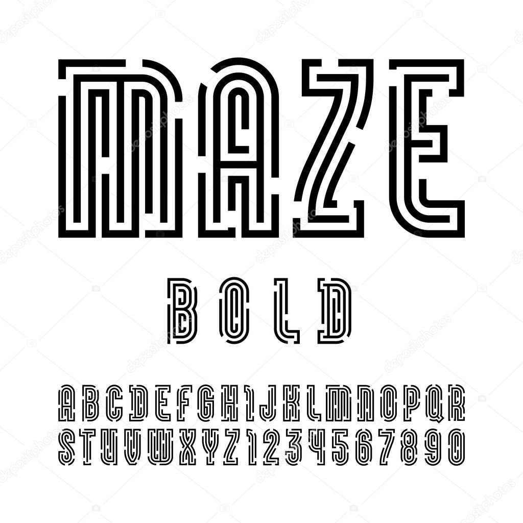 Font from bold line name is Maze, trendy simple alphabet sans serif, modern black letters and numbers, vector illustrator 10 eps