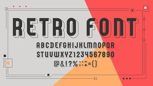 Fonte rétro constructive, vieil alphabet sans serif, lettres condensées modernes et chiffres sombres — Image vectorielle