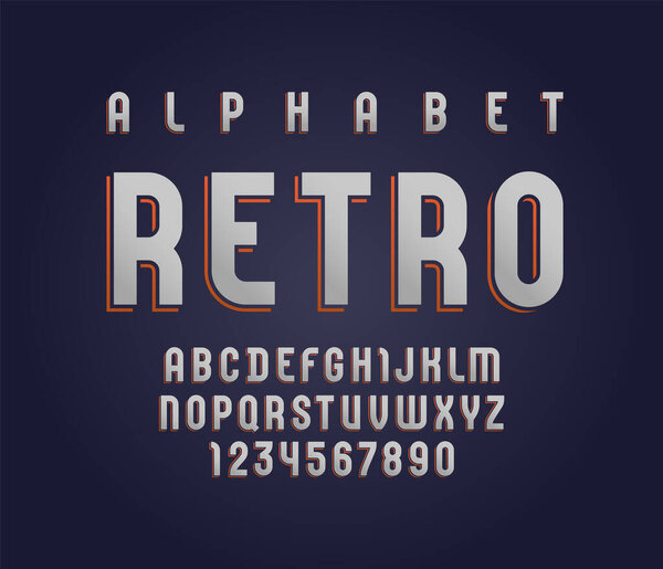 High font of retro style, old alphabet sans serif, letters and numbers