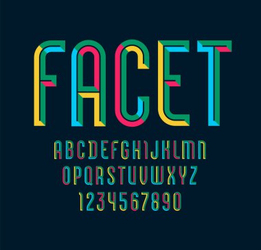 bright font, colored alphabet from chiseled block, beveled Latin letters and Arabic numbers
