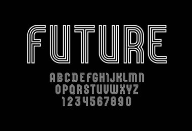 Chic striped font, white alphabet from lines, letters and numbers