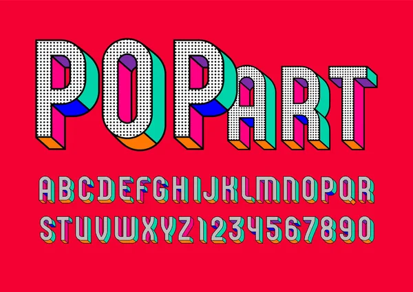 Caratteri pop art, alfabeto grafico alla moda sans serif, lettere e numeri 3d moderni — Vettoriale Stock