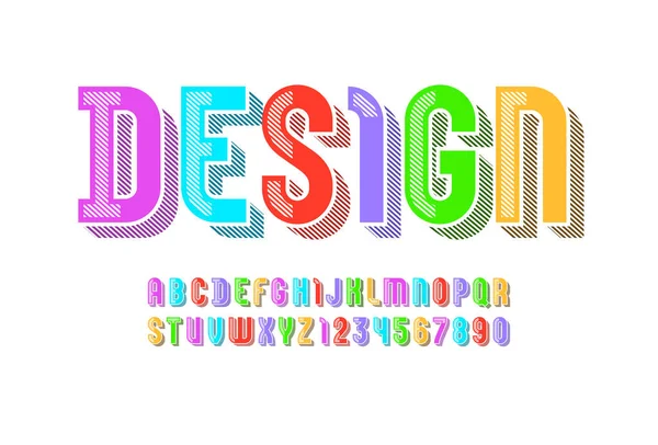 Moderní pruhované písmo, barevná abeceda bez serifu, moderní velká písmena a číslice — Stockový vektor