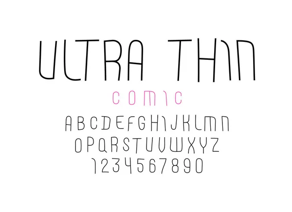 Комічний шрифт з ультра тонкої лінії, трендовий простий алфавіт without seriesf, сучасні конденсовані літери та цифри — стоковий вектор