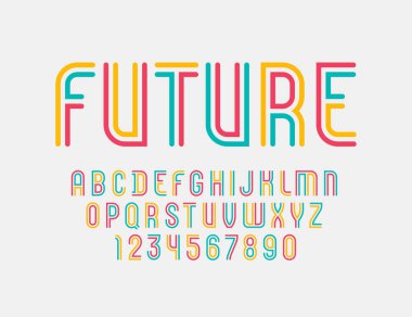 Çizgili yazı tipi şeritsiz, iki paralel şeritten gelen alfabe, A 'dan Z' ye büyük Latince harfler ve 0 'dan 9' a kadar Arap rakamları sizin için tasarımlar, vektör illüstrasyon 10eps