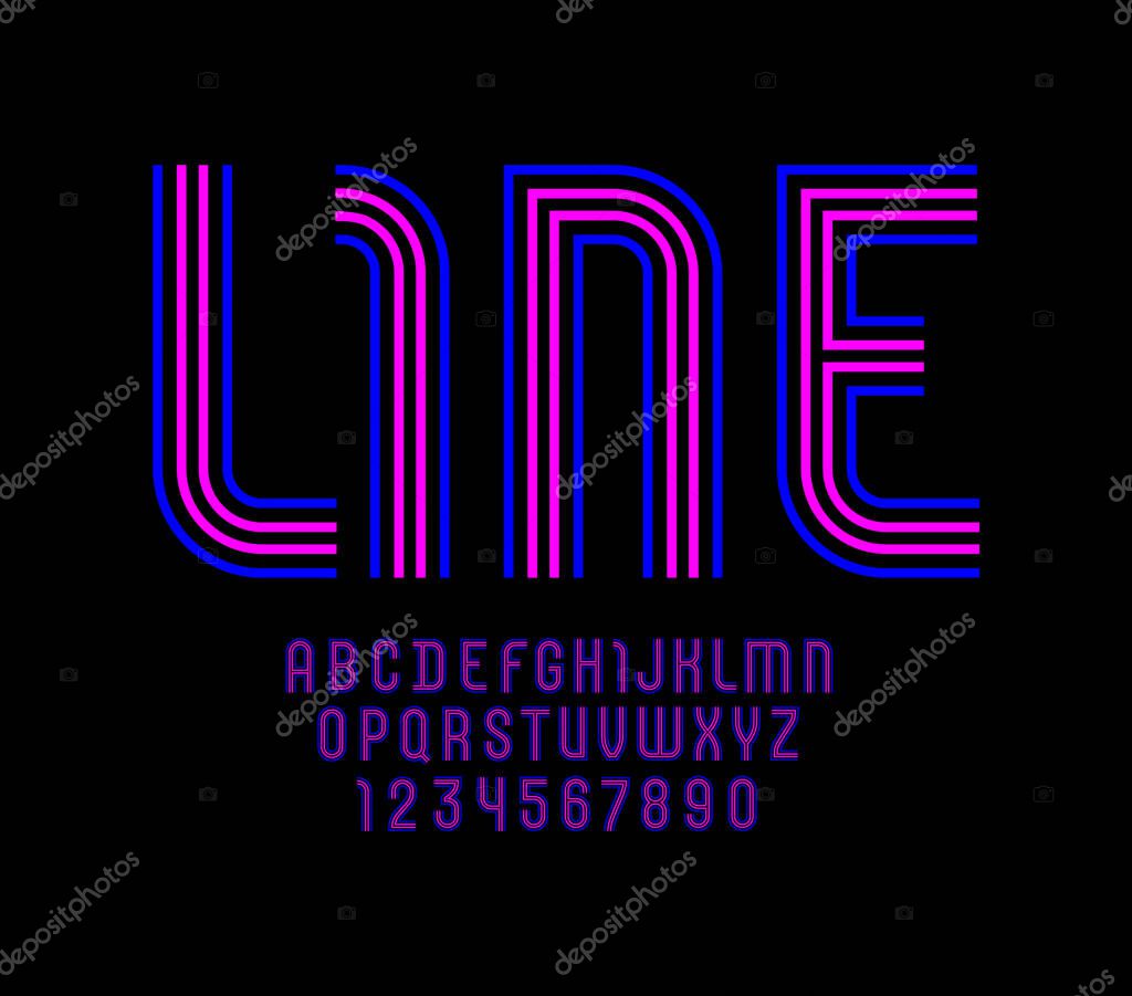 Neon font sans serif, alphabet from four parallel stripes, capital Latin letters from A to Z and Arab numbers from 0 to 9 for you designs, vector illustration 10EPS