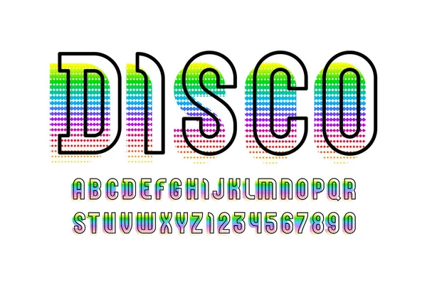 Disco Font Sans Serif Bright Alphabet Maiúsculas Letras Latinas Números — Vetor de Stock