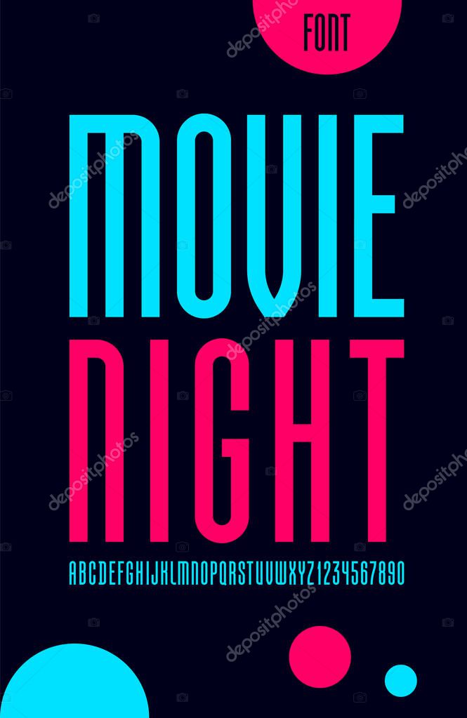 High font, trendy condensed alphabet sans serif, modern color letters and numbers, for your designs: logo, movie banner, cinema poster and more, vector illustration 10EPS