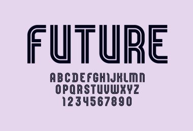 Çizgili yazı tipi şeritsiz, iki şeritten oluşan gelecek alfabesi, büyük Latince harfler ve Arap numaraları.