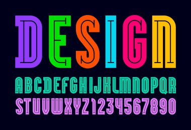 Parlak yazı tipi, çizgi film stilinde modern alfabe, çok renkli harfler ve sayılar