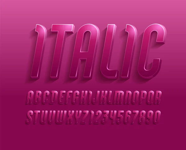 3d fuente de color rosa claro, moderno alfabeto sombrío sans serif, letras cursivas modernas y números — Vector de stock