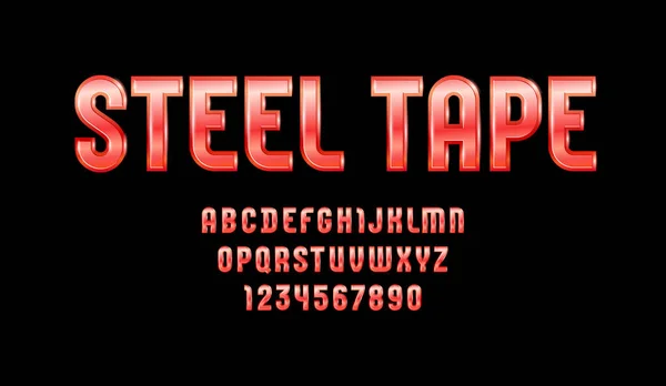 Hohe Stahlschrift im rötlichen Stil, trendiges Hochglanzalphabet, Buchstaben und Zahlen — Stockvektor
