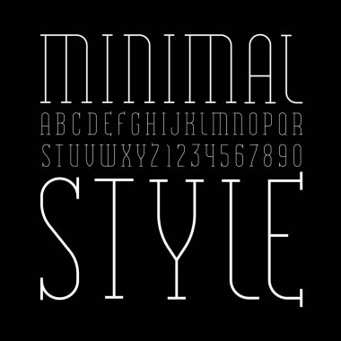 Ultra ince beyaz çizgi yazı tipi, modaya uygun basit alfabe, modern yoğunlaştırılmış harf ve sayılar