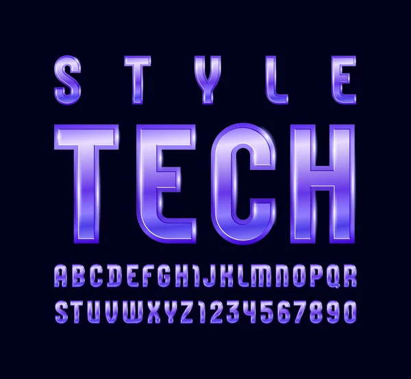 Alta fuente de acero de estilo púrpura, alfabeto brillante de moda, letras latinas y números árabes — Vector de stock