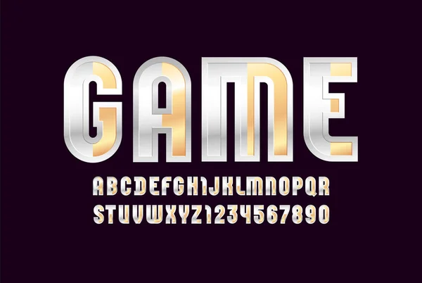 High-tech metallic lettertype, helder modern alfabet, trendy letters en cijfers — Stockvector